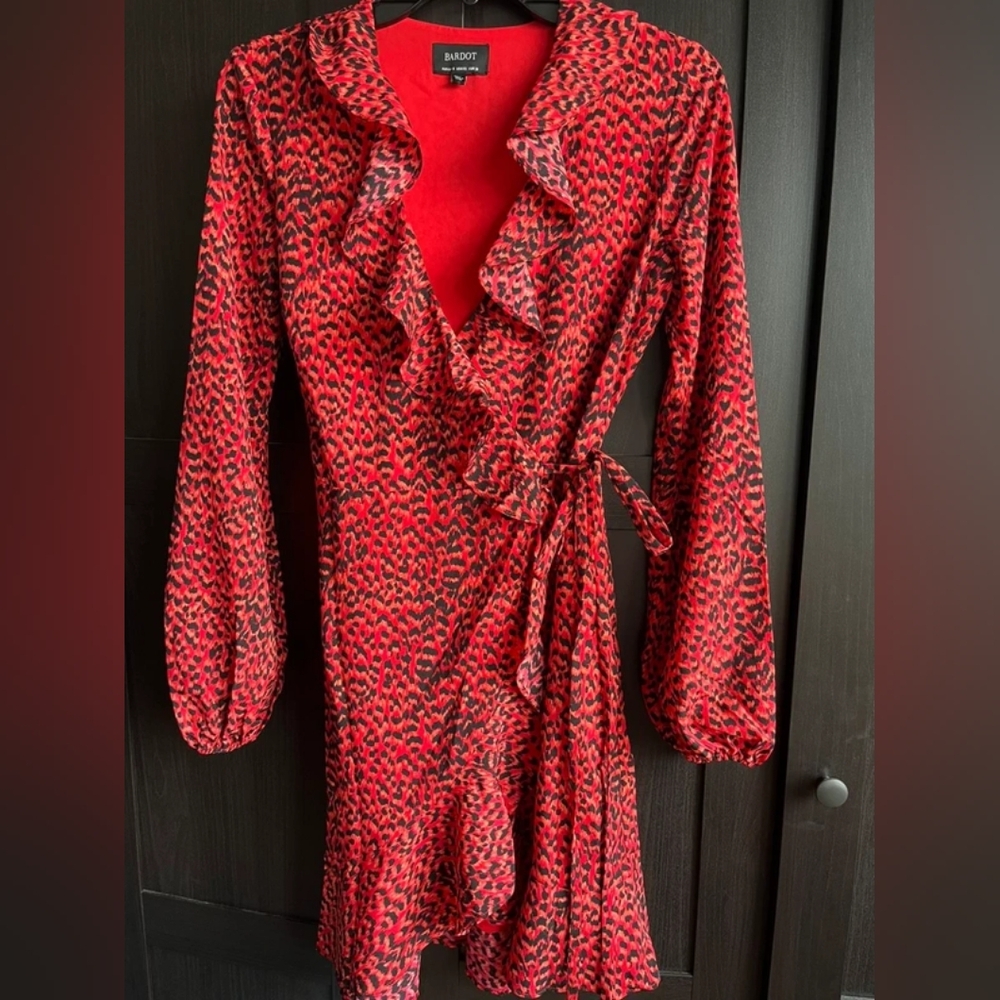 Bardot Red and Black Patterned Wrap Dress